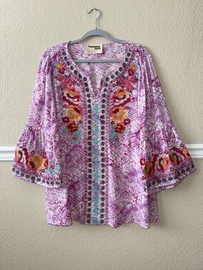Savannah Jane Embroidered Blouse V Neck 3/4 Sleeve Rayon Size Large